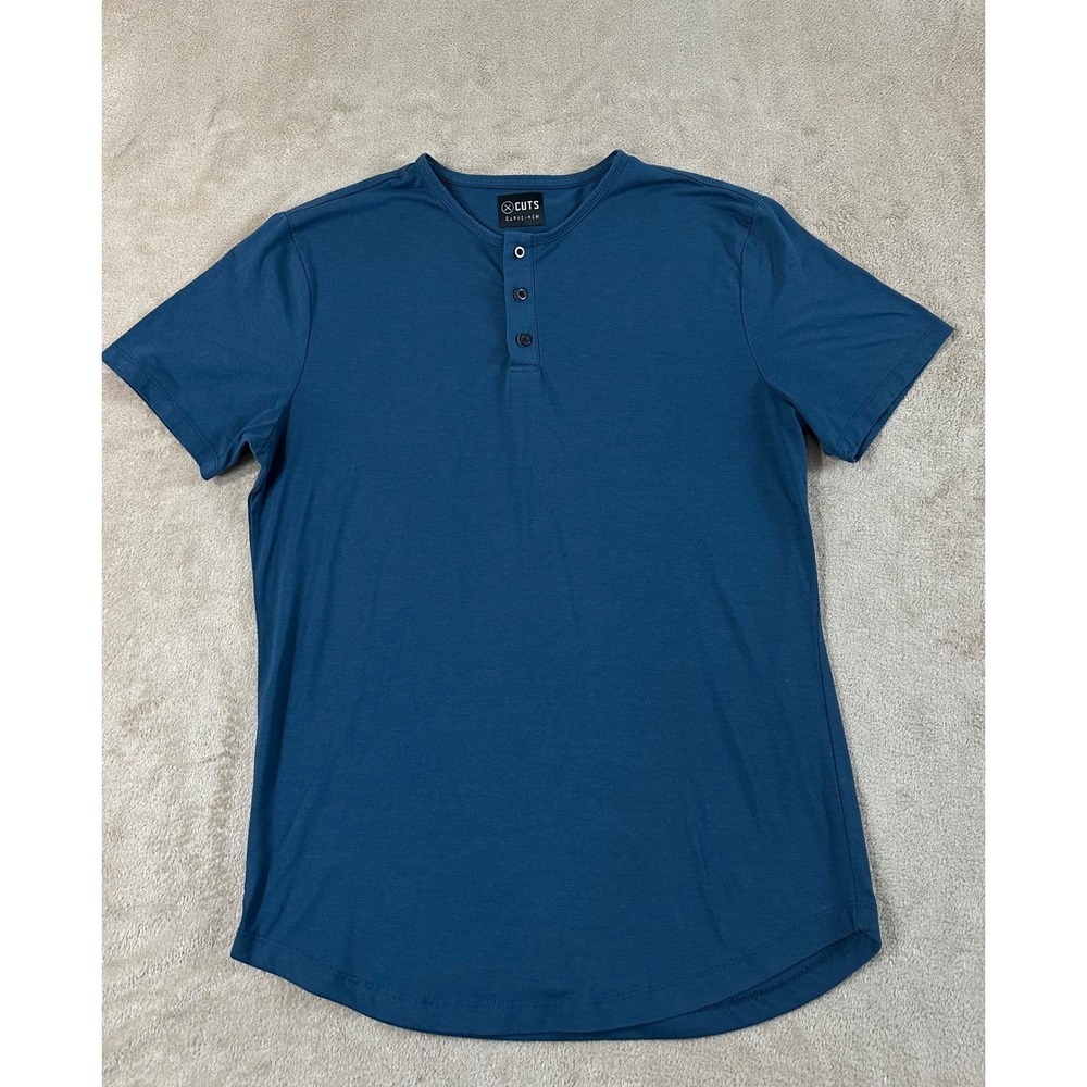 Cuts Clothing Curve Hem Henley T-Shirt Men Size L Blue Pyca Pro Short Sleeve EUC